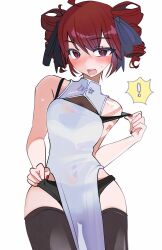 1girl arm_tattoo black_bra black_panties blush bra bra_pull breasts china_dress chinese_clothes clothes_pull commentary commentary_request cowboy_shot dress highres ichill_okuzaki kasane_teto looking_at_viewer medium_breasts open_mouth panties pelvic_curtain red_eyes red_hair ringlets see-through_clothes solo tattoo thighhighs twintails underwear upper_body
