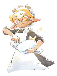 1girl :3 apron back_bow baking black_dress blonde_hair blush bow bowl bright_pupils closed_mouth collared_dress commentary_request cropped_torso dark-skinned_female dark_skin dress frye_(splatoon) hat highres holding holding_bowl holding_whisk inkling long_pointy_ears maid mixing_bowl mob_cap nintendo pointy_ears short_hair simple_background sleeves_rolled_up solo splatoon_(series) splatoon_3 star-shaped_pupils star_(symbol) symbol-shaped_pupils tentacle_hair whisk white_apron white_background white_bow white_hat white_pupils yellow_eyes ziro_(daydozen)