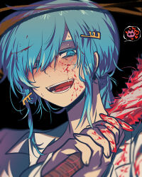 1boy antlers black_background blood blood_in_hair blood_on_clothes blood_on_face blood_on_hands bloody_weapon blue_eyes blue_hair blush collared_shirt colored_eyelashes hair_over_one_eye half-closed_eyes hands_up happy_tree_friends heart highres holding holding_weapon horns interlocked_fingers long_hair long_sleeves looking_at_viewer lumpy_(happy_tree_friends) male_focus moose_antlers omoyu_(nakyu715) open_mouth own_hands_clasped own_hands_together personification ponytail portrait shirt sidelocks simple_background smile solo spoken_character teeth the_mole_(happy_tree_friends) tongue weapon white_shirt