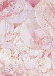 6+others beanie child closed_eyes earflap_beanie frilled_sleeves frills fringe_trim hat hat_with_ears highres koume_5656 limited_palette medium_hair multiple_others original other_focus pale_color pink_theme puffy_sleeves shawl short_hair sleeping