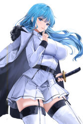1girl absurdres belt blue_eyes blue_hair blush breasts collared_shirt fur-trimmed_jacket fur_trim highres jacket large_breasts lillly long_hair long_sleeves looking_at_viewer original parted_lips shirt skirt solo sword thighhighs thighs weapon