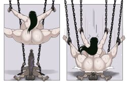 Rule 34 | 1boy, 1girl, ass, backboob, battle tendency, black hair, breasts, chain, chained, completely nude, gigantic breasts, highres, huge ass, huge penis, huge testicles, interracial, jojo no kimyou na bouken, large testicles, lisa lisa, long hair, nude, penis, pulpawoelbo, restrained, simple background, slave, testicles, vaginal, veins, veiny penis
