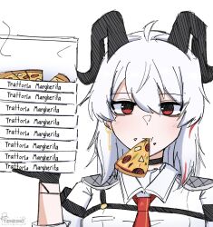 1girl ahoge artist_logo black_eyes black_gloves black_horns chest_harness collared_shirt commentary curled_horns eating english_commentary food gloves hair_between_eyes harness hawaiian_pizza highres horns logo long_hair looking_at_viewer multicolored_eyes multicolored_hair necktie pineapple_on_pizza pizza red_eyes red_necktie shirt simple_background solo streaked_hair tenrino two-tone_eyes white_background white_hair white_shirt wuthering_waves zani_(wuthering_waves)