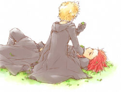 2boys axel_(kingdom_hearts) black_coat black_coat_(kingdom_hearts) black_gloves blonde_hair clover coat commentary_request eyeliner facing_away full_body gloves hair_slicked_back hand_up holding holding_clover hood hood_down hooded_coat kingdom_hearts knee_up light_smile long_coat long_hair long_sleeves looking_at_another looking_down looking_up lying makeup male_focus multiple_boys on_back on_grass parted_lips red_eyeliner red_hair roxas short_hair spiked_hair teardrop_facial_mark white_background yubon