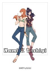 2girls arm_tattoo bikini bikini_top_only blue_hair boots bracelet character_name denim eyewear_on_head full_body jeans jewelry log_pose long_hair multiple_girls nami_(one_piece) one_piece orange_hair pants purple_shirt shirt short_sleeves sidelocks simple_background swimsuit tashigi tattoo white_background xiluoji