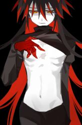 1boy absurdres black_hair black_pants black_shirt closed_mouth clothes_lift colored_inner_hair commentary cowboy_shot funamusea gloves haiiro_teien hair_between_eyes highres ivlis_(funamusea) long_bangs long_hair long_sleeves male_focus multicolored_hair navel orange_eyes pants red_gloves red_hair scar scar_on_chest shaded_face shirt shirt_lift solo symbol-only_commentary tie_fei_wu_mang_dashuai turtleneck two-tone_hair very_long_hair white_shirt