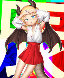 1girl absurdres armpits arms_up blonde_hair blue_eyes blue_nails detached_sleeves dragon_girl dragon_horns dragon_tail dragon_wings female_focus highres horns japanese_clothes miko nail_polish original paid_reward_available sc_naru short_hair side_slit solo tail thighs wings
