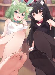 2girls animal_ears barefoot bitseon black_hair black_leotard blue_eyes blush fake_animal_ears feet green_hair highres leotard long_hair looking_at_viewer medium_hair multiple_girls open_mouth pantyhose playboy_bunny rabbit_ears soles toes white_leotard yellow_eyes
