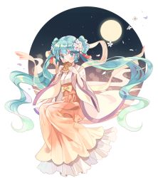 1girl alternate_costume apple972 aqua_eyes aqua_hair blush chinese_clothes chuushuu_meigetsu_miku eating female_focus flower food full_body full_moon gradient_background hatsune_miku inzup japanese_clothes long_hair looking_at_viewer moon mooncake see-through_clothes smile solo twintails very_long_hair vocaloid