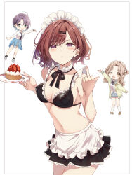 3girls alternate_costume apron asakura_toru bikini black_bikini black_ribbon black_skirt blush breasts cake collarbone commentary covered_erect_nipples cowboy_shot detached_collar enmaided food frilled_bikini frilled_skirt frills fruit hair_ornament hairclip hairpin highres higuchi_madoka holding holding_plate ichikawa_hinana idolmaster idolmaster_shiny_colors looking_at_viewer maid maid_bikini maid_headdress medium_breasts medium_hair messy_hair middle_finger mole mole_under_eye multiple_girls navel neck_ribbon outside_border parted_bangs plate pout purple_eyes red_hair ribbon saint_laurent_paris simple_background skirt solo_focus stomach strawberry swimsuit unconventional_maid waist_apron white_apron white_background