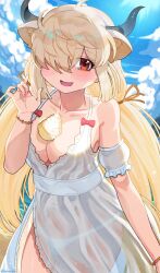 Rule 34 | 1girl, alternate costume, bare shoulders, bikini, blush, bracelet, brown eyes, cowboy shot, detached sleeves, dress, extra ears, hair over one eye, highres, jewelry, kedama (ughugjydthjdf), kemono friends, long hair, looking at viewer, nail polish, open mouth, ox ears, ox girl, ox horns, red nails, seashell, shell, sidelocks, smile, solo, spaghetti strap, swimsuit, twintails, white bikini, white dress, white hair, yak (kemono friends)