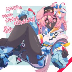 1girl :d @_@ animal_ears ass black_hat black_shoes blue_jacket blue_panties commentary_request commission dark-skinned_female dark_skin fang feet_out_of_frame hair_between_eyes hat hood hood_down hoodie jacket long_hair long_sleeves looking_at_viewer multicolored_hair natsuki_teru open_clothes open_jacket open_mouth original panties pink_hair puffy_long_sleeves puffy_sleeves purple_eyes purple_hair shoes skeb_commission sleeves_past_wrists smile solo two-tone_hair underwear very_long_hair visor_cap white_hoodie