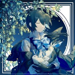 1boy animal bafangli black_hair blue_bow blue_bowtie bow bowtie circle closed_eyes closed_mouth coat collared_shirt commentary_request earrings hair_between_eyes highres holding jewelry ponytail rabbit shirt sidelocks upper_body vanitas_(vanitas_no_carte) vanitas_no_carte vest white_shirt