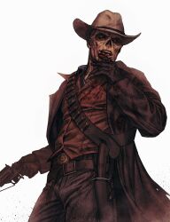 1boy arm_up bandolier belt belt_buckle black_coat black_gloves blood blood_on_clothes blood_on_face blood_on_gloves blue_shirt brown_shirt buckle cachet coat collared_coat collared_shirt commentary cowboy_shot english_commentary fallout_(prime_video) fallout ghoul_(fallout) gloves gun hand_on_own_face handgun highres holding holding_gun holding_weapon holster holstered layered_clothes licking_blood long_sleeves looking_to_the_side male_focus multiple_belts open_mouth pants revolver shell_casing shirt shotgun_shell sideways_glance simple_background solo striped_clothes striped_pants teeth the_ghoul_(fallout_tv_series) tongue tongue_out undershirt upper_teeth_only weapon white_background wing_collar