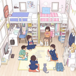 1boy 4girls bra brother_and_sister card_game cat curtains desk dressing fixed-point_camera full_body highres indoors kiyo_(kyokyo1220) loft_bed male_underwear multiple_girls on_floor ootani_shouhei original panties playing_games shirt siblings sitting standing television time_lapse underwear white_bra white_male_underwear white_panties white_shirt window