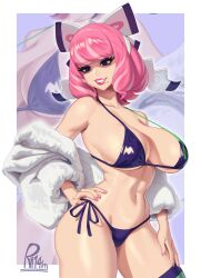 Rule 34 | 1girl, absurdres, artist name, bare shoulders, bikini, bow, breasts, butterfly hair ornament, cowboy shot, eyelashes, fur jacket, hair bow, hair ornament, hand on own hip, hand on own thigh, headband, highres, jacket, klara (pokemon), lipstick, makeup, mole, multicolored hair, navel, nintendo, open clothes, open jacket, pink hair, pink lips, pokemon, pokemon swsh, ri14m no, shaded face, signature, single thighhigh, smile, streaked hair, swimsuit, teeth, thighhighs, thighs