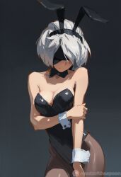 2b_(nier:automata) animal_ears blush dark_background highres holding_own_arm leotard looking_down nervous non-web_source original playboy_bunny rabbit_ears shy