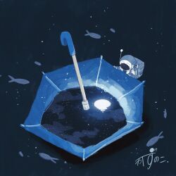 absurdres ambiguous_gender astronaut cloud commentary_request fish helmet highres kazunoko_(kazunoko_zunoco) moon original reflection signature solo space_helmet spacesuit star_(sky) umbrella