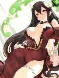 1girl black_hair blush book breasts cleavage collarbone commentary dress eyelashes hair_between_eyes hair_ornament highres large_breasts long_hair long_sleeves looking_at_viewer lying marginal_maze narrowed_eyes on_side parted_lips red_dress refrain_no_chika_meikyuu_to_majo_no_ryodan seductive_smile shiny_skin simple_background slit_pupils smile solo staff thigh_strap thighs tsutsugano very_long_hair white_background