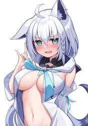 1girl @_@ ahoge alternate_breast_size animal_ear_fluff animal_ears arm_behind_back blush braid breasts breasts_apart cleavage deaver detached_sleeves ear_piercing fox_ears fox_girl fox_tail green_eyes hair_between_eyes highres hololive large_breasts long_hair looking_at_viewer midriff navel open_mouth piercing shirakami_fubuki shirakami_fubuki_(1st_costume) sidelocks simple_background single_braid solo tail tears virtual_youtuber white_background white_hair