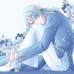 1boy androgynous blue_flower blue_hair blue_nails blue_rose blue_shirt blue_theme colored_eyelashes commentary_request earrings elezen elf final_fantasy final_fantasy_xiv flower flower_earrings flower_over_eye full_body head_on_knee jewelry knee_up kuro11_222 long_hair looking_at_viewer male_focus one_eye_covered pants pointy_ears rose shirt shoes sitting solo warrior_of_light_(ff14) white_background white_pants white_shoes white_theme