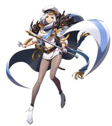 1girl absurdres belt black_belt boots brown_eyes cape dress floating_hair full_body gloves grey_pantyhose high_heel_boots high_heels highres holding holding_staff langrisser langrisser_iv long_hair long_sleeves looking_at_viewer military military_uniform official_art pantyhose purple_lips selena_(langrisser) sheath sheathed shiny_clothes shiny_legwear short_dress silver_hair solo staff standing sword transparent_background weapon white_boots white_cape white_dress white_gloves white_headwear