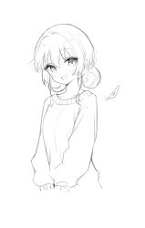 1girl alternate_hairstyle blush bocchi_the_rock! commentary dated_commentary double_bun greyscale groin hair_bun highres kita_ikuyo long_sleeves looking_at_viewer minusk9 monochrome open_mouth simple_background solo sweat white_background