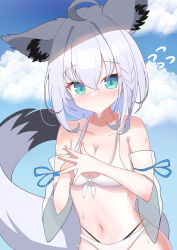 1girl absurdres ahoge animal_ear_fluff animal_ears bare_shoulders bikini blue_eyes blush braid breasts cleavage cloud collarbone fox fox_ears fox_girl fox_tail front-tie_bikini_top front-tie_top hair_between_eyes highres hololive kannagi_(fate55) medium_breasts navel shirakami_fubuki stomach swimsuit tail virtual_youtuber white_bikini white_hair