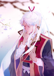 Rule 34 | 1boy, absurdres, amakusa shirou (fate), amakusa shirou (third ascension) (fate), ascot, closed eyes, closed mouth, cross, dark-skinned male, dark skin, fate/apocrypha, fate (series), highres, holding, holding cross, japanese clothes, jinbaori, long hair, lzfzc, male focus, ponytail, ribbon, simple background, solo, upper body, very long hair, white ascot, white hair, wide sleeves