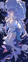 1girl absurdres blue_flower breasts bubble cantarella_(wuthering_waves) chromatic_aberration commentary dress drone_(drone_37) earrings english_commentary facial_mark flower full_body garter_straps hair_between_eyes hair_flower hair_ornament headdress high_heels highres holding holding_umbrella jellyfish jewelry large_breasts long_hair looking_at_viewer mark_under_eye parasol parted_lips purple_hair purple_umbrella shoes shrug_(clothing) smile solo thighhighs thighs umbrella very_long_hair white_dress white_garter_straps white_shoes white_shrug white_thighhighs wuthering_waves
