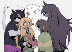 1other 3girls animal_ears antenna_hair antlers arrow_(symbol) black_hair blonde_hair cat_ears catti_(deltarune) commentary deer_ears deer_girl deltarune english_text flying_sweatdrops furry furry_female green_sweater heart highres horns kris_(deltarune) long_hair multiple_girls noelle_holiday open_mouth sanbel780308 shaded_face short_hair simple_background speech_bubble susie_(deltarune) sweatdrop sweater symbol-only_commentary thought_bubble upper_body white_background