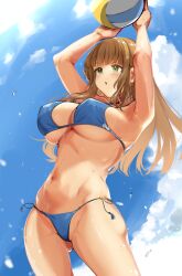 1girl absurdres anne_(shingeki_no_bahamut) armpits arms_up bikini blue_bikini blue_sky blunt_bangs blush breasts brown_hair cleavage cloud cloudy_sky day from_below granblue_fantasy green_eyes highres hime_cut large_breasts long_hair manaria_friends navel open_mouth outdoors raldest shingeki_no_bahamut side-tie_bikini_bottom sky solo standing swimsuit volleyball water