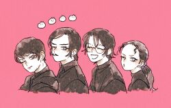 1girl 3boys ^_^ bad_id bad_twitter_id beard_stubble blue_eyes brothers character_request closed_eyes facial_hair glasses highres looking_at_viewer meitantei_conan mizunashi_rena morofushi_takaaki multiple_boys mustache nanteiiyoru one_eye_closed pink_background ponytail red_lips scotch_(meitantei_conan) siblings simple_background stubble upper_body