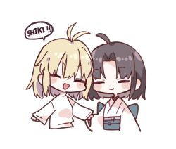 Rule 34 | 2girls, ahoge, antenna hair, arcueid brunestud, black hair, blonde hair, blue sash, blush stickers, character name, closed eyes, closed mouth, commentary request, english text, fate/grand order, fate (series), friends, highres, japanese clothes, kimono, matecharon, medium hair, multiple girls, open mouth, ryougi shiki, sash, shirt, simple background, smile, speech bubble, sweater, tsukihime, upper body, void shiki, white background, white kimono, white sweater