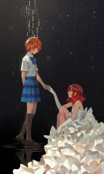 2girls absurdres arm_behind_back bamboo_nima bare_shoulders blue_bow blue_bowtie blue_skirt bow bowtie commentary_request dress elbow_gloves frilled_dress frills from_side full_body gloves highres holding_hands hoshizora_rin kneehighs loafers looking_at_another love_live! love_live!_school_idol_project medium_hair multiple_girls nishikino_maki orange_hair otonokizaka_school_uniform pleated_skirt profile purple_eyes red_hair reflection reflective_water ripples school_uniform shirt shoes short_hair short_sleeves sitting skirt socks standing strapless strapless_dress summer_uniform white_dress white_gloves white_shirt yellow_eyes yuri