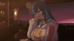 1girl animal_ears bar_(place) bear_ears bear_girl black_choker black_hair blue_eyes blue_hair breasts choker clothes_writing cocktail_glass colored_inner_hair cup drink drinking_glass earrings fujikura_uruka heart heart_choker highres hood hood_down hoodie jewelry long_hair long_sleeves looking_at_viewer lyrinne multicolored_hair necklace open_mouth phase_connect solo streaked_hair teeth upper_body upper_teeth_only virtual_youtuber white_hoodie