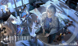 1boy absurdres bedroom black_pants blue_bow blue_bowtie blue_butterfly book bow bowtie bug butterfly cael_anselm candle candlestand capelet chinese_commentary closed_mouth commission crystal_earrings earrings expressionless feet_out_of_frame flower frilled_shirt_collar frills from_above grey_capelet hair_between_eyes highres indoors insect jewelry kneeling lips long_bangs long_hair long_sleeves looking_at_animal looking_up lovebrush_chronicles male_focus night on_bed open_book open_suitcase pants puffy_long_sleeves puffy_sleeves puppet_strings purple_eyes red_flower red_rose rose shadow shi_jiao_dawang_bai_heng_heng shirt single_earring solo string_around_finger suitcase vase very_long_hair watermark weibo_watermark white_hair white_shirt window