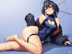 1girl arm_support ass barefoot black_jacket blue_eyes blue_hair blue_one-piece_swimsuit breasts chain chain_headband cleavage_cutout clothing_cutout commentary covered_navel double-parted_bangs feet finalcake foot_out_of_frame hair_between_eyes hair_intakes halo highleg highleg_one-piece_swimsuit highres hololive hololive_english holonatsu_paradise jacket large_breasts legs long_hair looking_at_viewer lying mechanical_halo nail_polish off_shoulder official_alternate_costume official_alternate_hairstyle on_side one-piece_swimsuit ouro_kronii ouro_kronii_(holonatsu_paradise) parted_lips ponytail sleeves_past_wrists solo swimsuit thigh_strap toenail_polish toenails toes virtual_youtuber