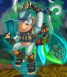 1boy alternate_color alternate_costume alternate_eye_color alternate_fur_color alternate_weapon animal_ears armor arms_up aura banana banana_print barrel baseball_cap belt belt_buckle blue_fire blue_gemstone brown_footwear buckle chest_jewel commentary corruption crossover dark_persona diddy_kong donkey_kong_(series) donkey_kong_country double_helix dual_wielding english_commentary english_text evil_grin evil_smile facial_tattoo fierce_deity fingerless_gloves fire firing floating food food_print fruit fruit_print furry gem gloves glowing green_fire grin gun hal_laboratory handgun hat highres holding holding_gun holding_weapon jetpack letter_print looking_at_viewer male_focus monkey monkey_boy monkey_ears monkey_tail nintendo no_pupils peanut possessed possession rareware smile smirk stoic_seraphim super_smash_bros. tail tattoo teeth the_legend_of_zelda the_legend_of_zelda:_majora&#039;s_mask toeless_footwear triangle triangle_print weapon white_eyes white_fur wrist_guards