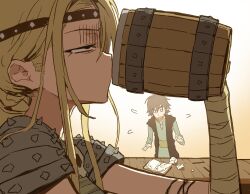 Rule 34 | 1boy, 1girl, alcohol, armor, astrid hofferson, beer mug, blonde hair, brown hair, circlet, cup, drinking, gradient background, hiccup horrendous haddock iii, highres, how to train your dragon (series), long hair, looking up, m arijuan a, medium hair, mug, narrowed eyes, open mouth, orange background, shoulder armor, sketchbook, sweatdrop, table, torn book, torn paper, wavy mouth, white background, wooden table