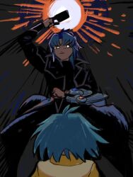 black_jacket blue_hair card duel_academy_uniform_(yu-gi-oh!_gx) duel_disk highres holding holding_card jacket long_coat marufuji_ryo marufuji_sho mochi2onigire smug yellow_jacket yu-gi-oh! yu-gi-oh!_gx