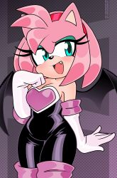 1girl absurdres alternate_species amy_rose animal_ears animal_nose aqua_eyes aqua_eyeshadow bare_shoulders bat_girl bat_wings black_bodysuit black_leotard bodysuit breasts cleavage cosplay elbow_gloves eyeshadow fang furry furry_female gloves hairband half-closed_eyes hand_on_own_chest highres leotard light_blush long_eyelashes looking_at_viewer makeup medium_breasts nico-neko pink_fur red_hairband role_reversal rouge_the_bat rouge_the_bat_(cosplay) short_hair sideways_glance leotard smile sonic_(series) white_gloves wings