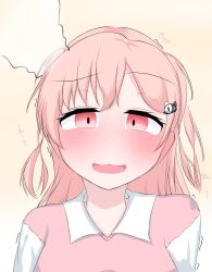 bang_dream! blush hair_ornament head_steam highres hiromachi_nanami long_hair looking_at_viewer nfch_05054 open_mouth pink_eyes pink_hair shirt simple_background solo solo_focus tongue twintails two-tone_shirt