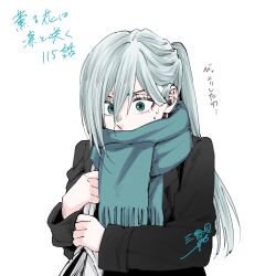 1girl absurdres bag black_sweater blue_scarf female_focus green_eyes hair_tie hands_up highres hoshina_subaru japanese_text kaoru_hana_wa_rin_to_saku long_hair mikami_saka official_art scarf simple_background sweat sweater very_long_hair white_background white_hair