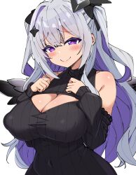 1girl amane_konata bare_shoulders black_ribbon black_sleeves black_sweater black_wings blush breasts cleavage cleavage_cutout closed_mouth clothing_cutout collarbone colored_inner_hair covered_erect_nipples covered_navel detached_sleeves feathered_wings floating_headgear gradient_wings grey_hair hair_ornament hair_ribbon headgear highres hololive huge_breasts long_hair long_sleeves multicolored_hair multicolored_wings pink_eyes pink_lips purple_hair ribbon sakanaya_(sakanaya952) simple_background smile solo sweater two-tone_hair two_side_up virtual_youtuber white_background wings