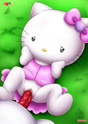 Rule 34 | anus, bbmbbf, bow, cat, dress, grass, hands on own cheeks, hands on own face, hello kitty, hello kitty (character), highres, lying, palcomix, penis, pink bow, pink dress, sanrio, spiked penis, tagme, uncensored