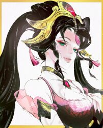 1girl alternate_costume black_hair border breasts cleavage detached_sleeves eyelashes eyeliner eyeshadow fingernails from_side green_eyes hair_ornament highres immortal_journey_sona jian_tai_(cuoyu0) large_breasts league_of_legends long_hair looking_at_viewer makeup mole mole_under_eye nail_polish official_alternate_costume orange_border pale_skin parted_bangs parted_lips pink_eyeshadow pink_lips pink_nails red_eyeliner signature simple_background smile solo sona_(league_of_legends) twintails upper_body white_background