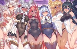 6+girls amelia_(shingeki_no_bahamut) animal_ears black_hair black_leotard blue_eyes blue_leotard blush bow braid breasts cameltoe center_frills character_request coat_partially_removed commentary_request constricted_pupils covered_navel cowboy_shot crystal_hair curly_hair dark-skinned_female dark_skin erune eyeliner frills from_below granblue_fantasy halluel_(granblue_fantasy) highleg highleg_leotard indoors large_breasts leotard long_hair looking_at_viewer makeup makura_(granblue_fantasy) malluel_(granblue_fantasy) michael_(granblue_fantasy) mimonel multiple_girls open_mouth rabbit_ears rabbit_girl red_eyeliner red_hair see-through_clothes single_braid small_breasts standing thigh_gap thighhighs thighs very_long_hair white_bow white_hair yatima
