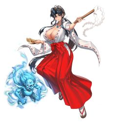 1girl 1other 2v_(joyeong) between_fingers blue_eyes blue_oni blue_skin breasts cleavage clothing_cutout collarbone colored_skin covered_erect_nipples fangs fingernails aviator_goggles full_body goggles goggles_on_head gohei hair_intakes hakama hakama_skirt highres holding holding_gohei horns huge_breasts japanese_clothes jewelry kimono last_origin long_hair long_skirt low_ponytail magatama magatama_necklace miko muscular naked_kimono necklace no_pupils nontraditional_miko official_art ofuda ofuda_between_fingers oni open_clothes open_kimono parted_lips ponytail red_ribbon red_skirt ribbon sandals sengoku_ace sharp_fingernails shide short_sleeves side_cutout sidelocks simple_background single_horn skirt spirit tabi tachi-e thick_eyebrows third-party_source togashi_koyori transparent_background very_long_hair white_kimono wide_sleeves zouri