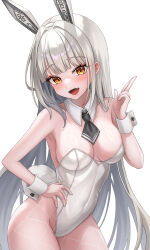 1girl absurdres animal_ears armpits bare_shoulders black_necktie blanc_(nikke) breasts cleavage covered_navel cowboy_shot detached_collar facial_mark fake_animal_ears fake_tail fang fishnet_pantyhose fishnets goddess_of_victory:_nikke hand_on_own_hip hand_up highleg highleg_leotard highres index_finger_raised leotard long_hair looking_at_viewer medium_breasts necktie open_mouth orange_eyes pantyhose playboy_bunny ppudang rabbit_ears revision short_necktie simple_background smile solo standing strapless strapless_leotard tail very_long_hair white_background white_hair white_leotard wrist_cuffs